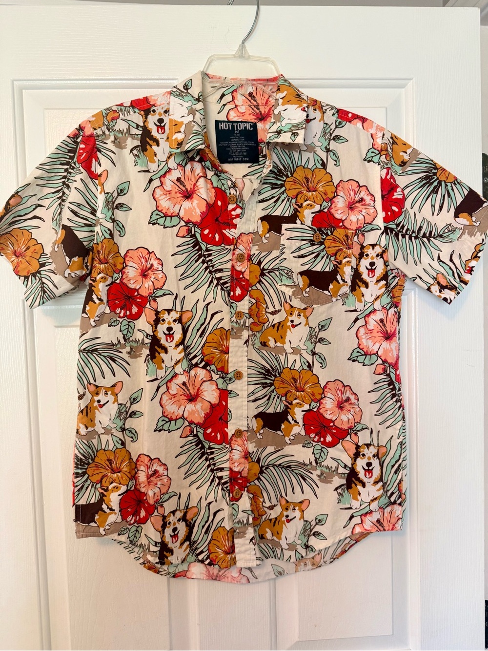 MEN’S Hot Topic Short-Sleeve Button-Up with Floral & Corgi Print